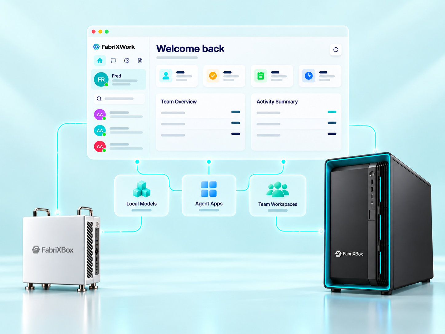 FabriXBox vector illustration alongside a conceptual FabriXWork interface