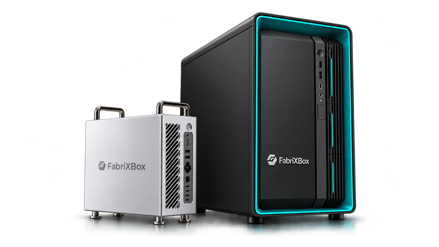 3D-rendered concept of a FabriXBox appliance; final hardware appearance may differ